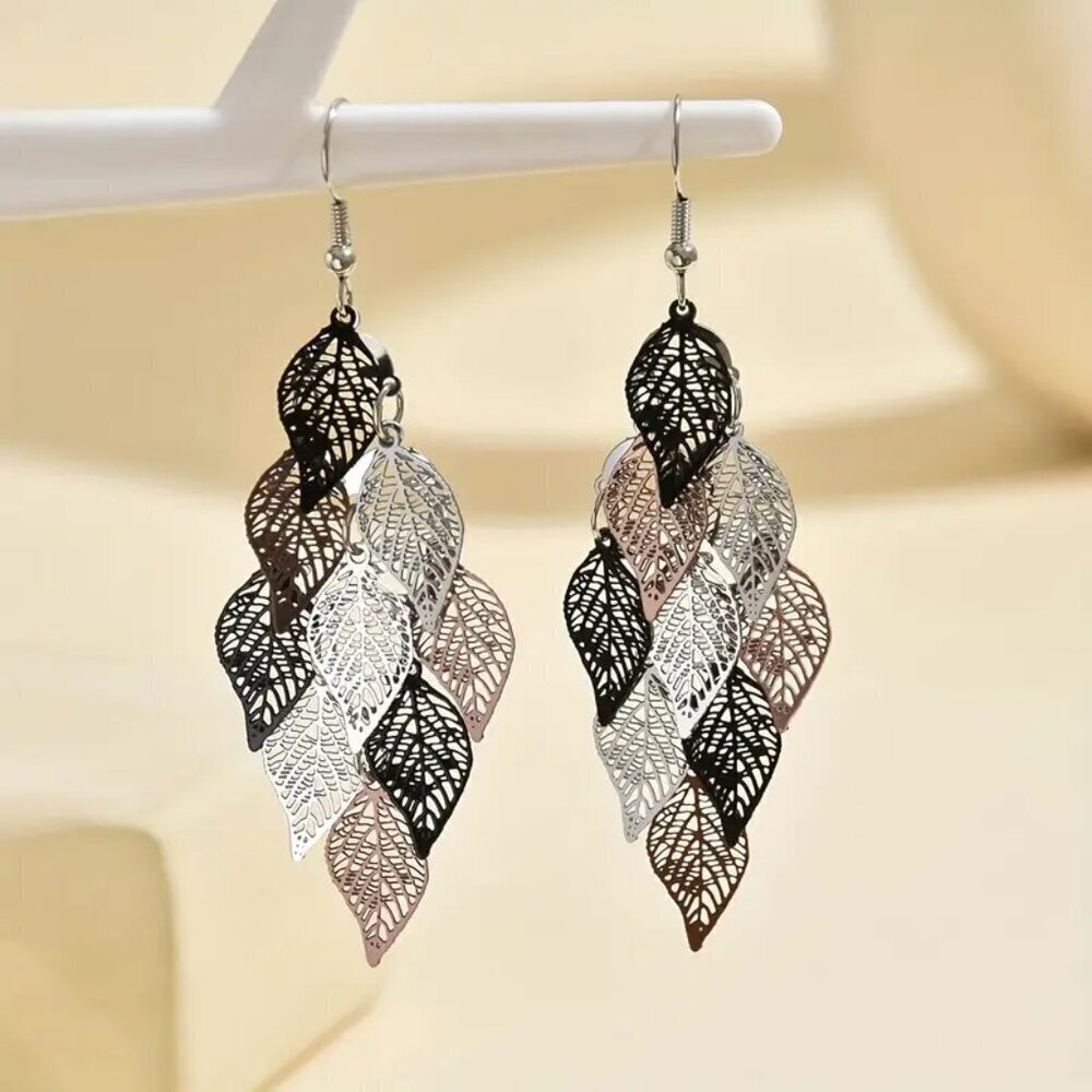 NEW Gold dangle leaf earrings, rose gold earrings, silver dangle earrings, trend
